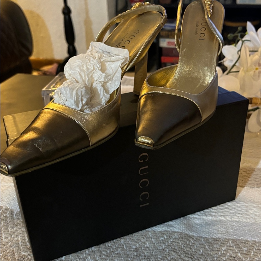 Gucci Metallic Gold and Dark Brown Slingback Heels